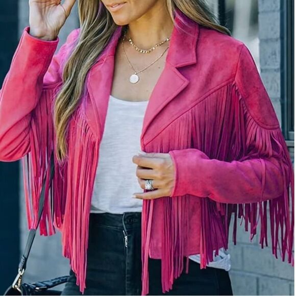 New Womens Cropped Fringe Faux Suede Leather Motorcycle Jackets, Hot Pink - Picture 3 of 6